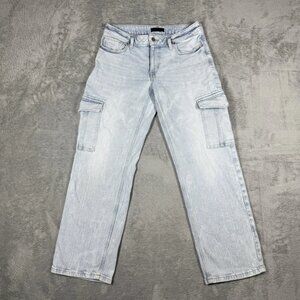 Women's jeans, loose straight-leg overalls with pockets, light wash